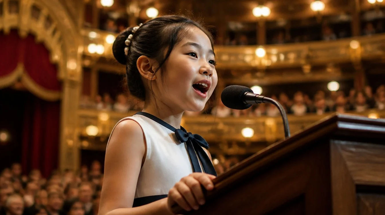 Student speaking on grand concert hall stage
